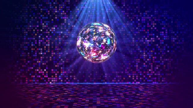 Blue disco dance floor mirror balls, lattice circle spot lights. 3d glamour fashion events, jazz, pops, funky disco party. Disco or mirror ball bright rays. Music dance night party Abstract night club