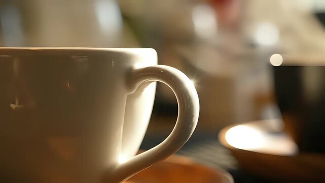 Closeup of a White Coffee Cup Handle in Warm Sunlight.