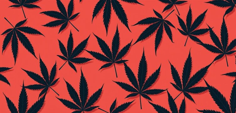 Black cannabis leaf pattern repeats across bright red background. Simple graphic design shows plants. Used for fabric, wallpaper, decor, print, and digital art.