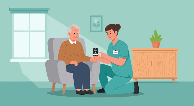 Nurse checks elderly man's blood oxygen level with pulse oximeter at home