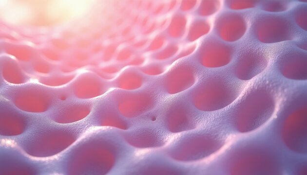 Pinkish microscopic tissue waves undulate in pattern. Cells show bumpy texture, hole forms small pores. Biology study, science research concept background.