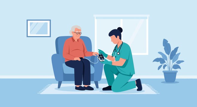 Nurse checks elderly patient's blood oxygen level at home, healthcare concept