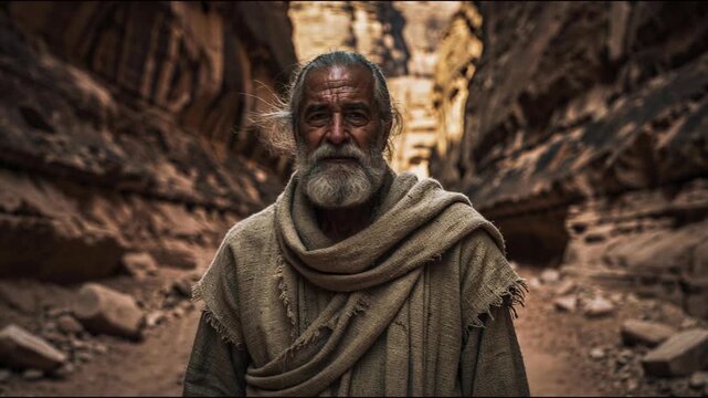 Portrait of a wise elderly man with a beard wearing traditional clothing in a rocky desert canyon