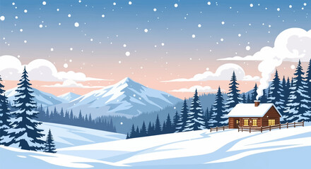 Fototapeta premium Vector illustration of a cozy wooden log cabin with smoking chimney in a snowy mountain landscape at sunset, featuring falling snow, evergreen forests, and a pastel sky backdrop.