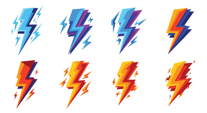 Colorful lightning bolt icons in blue red and yellow for energy or power symbols