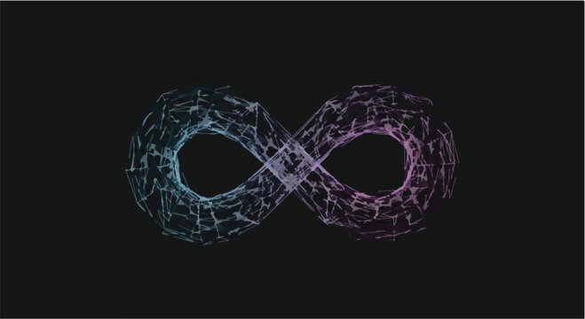 Infinity symbol glows with a digital network of interconnected lines and nodes.