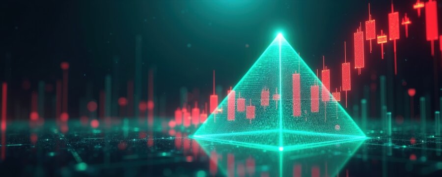 Abstract digital pyramid with glowing lines displays stock market charts. Red candlesticks show financial data. Futuristic interface visualizes economic trends and trading analytics.
