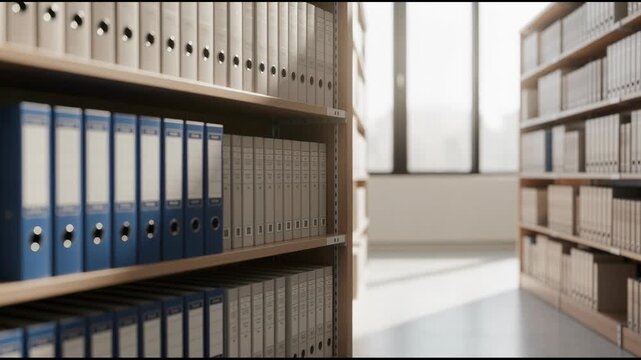Office archive shelves filled with organized binders and files in a bright modern workspace