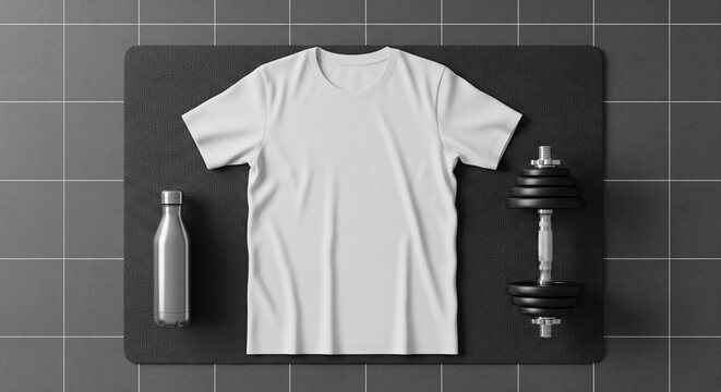 Clean white t-shirt and metal water bottle on exercise mat with dumbbell flat lay