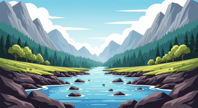 Flat vector illustration of a clear blue river flowing through a mountain valley with rocky banks, evergreen pine forests, and grassy meadows under a bright sky with stylized clouds.