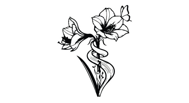Amaryllis flower blooms elegantly alongside a delicate butterfly in this sketch.
