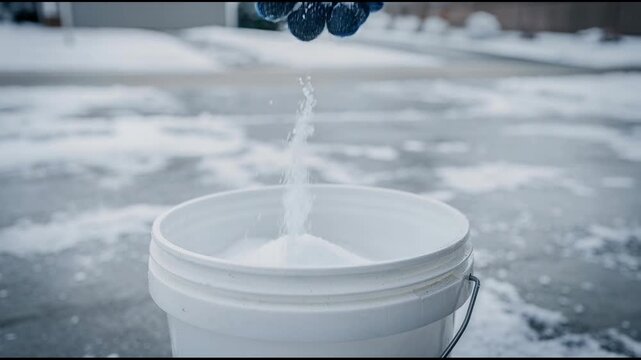 Hand pouring ice melt salt from a glove into a bucket on icy winter ground for snow and ice removal