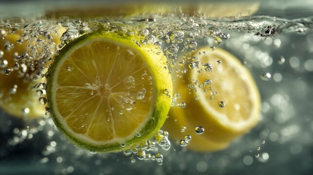 Fresh Lemon Slices Splashing into Clear Water with Bubbles, Citrus Pieces Floating in Refreshing Aquatic Environment, Healthy Beverage Ingredient