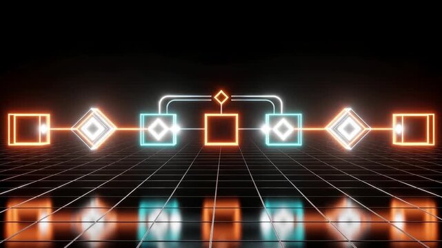 Neon flowchart on grid background.