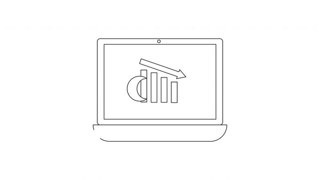 Laptop screen displays declining financial chart with arrow pointing down.