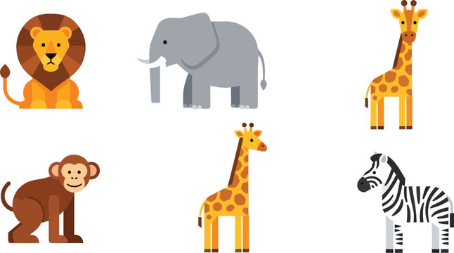Collection of flat safari animals: lion, elephant, giraffe, monkey, zebra