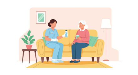 Fototapeta premium Nurse giving medication to elderly woman at home, healthcare and support concept