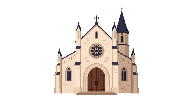 Gothic stone church building vector illustration featuring a circular rose window, arched wooden double doors, a tall steeple with a cross and pointed roof spires on white background.