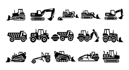 Heavy Construction Equipment Set: Excavator, Bulldozer, Loader, Dump Truck Icons © Keset