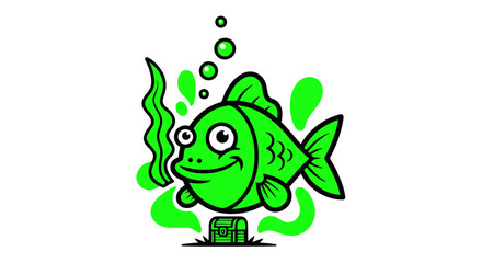 Obraz premium Green cartoon fish with treasure chest and bubbles, isolated on white background