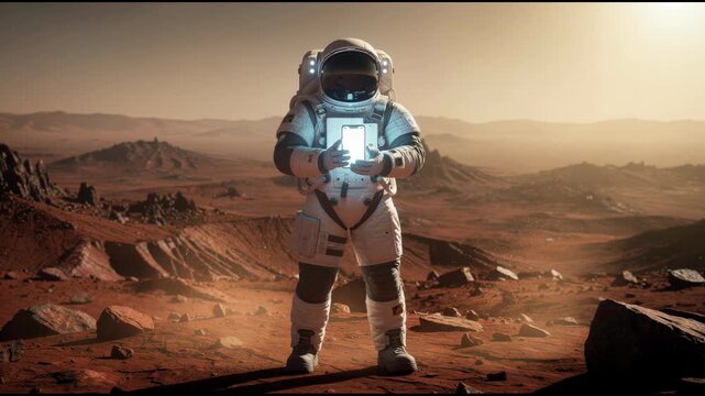 Astronaut exploring the rocky surface of Mars holding a glowing device under sunlight in red planet landscape