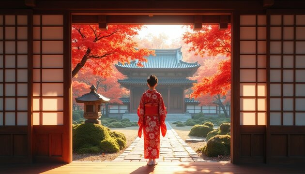 Woman in red kimono walks towards Japanese temple in autumn garden. Bright red maple leaves fall around peaceful stone lantern. Sunlight shines on traditional architecture and manicured mossy rocks.