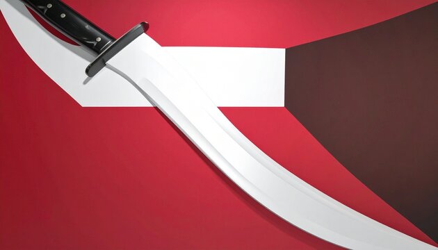 A curved silver sword with black handle and guard, shining brightly against bold red, white, and dark brown geometric background.