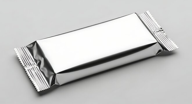 Blank silver foil bar wrap or candy package on gray background for mock-up.