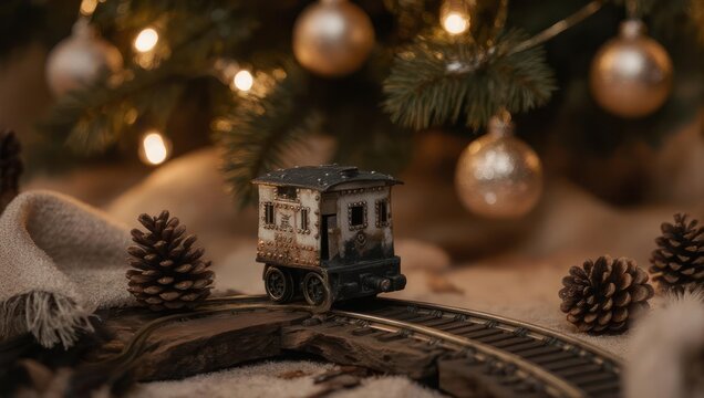 Vintage Toy Train Under Christmas Tree with Pinecones.