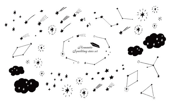 星と星座とキラキラの手書きイラストの素材セット　白背景