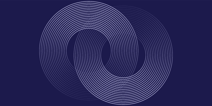 Garis geometri berpendar biru abstrak pada latar belakang biru gelap. Pola garis lingkaran biru mengkilap modern. Futuristik konsep teknologi. Jas untuk sampul, poster, spanduk, header, situs web