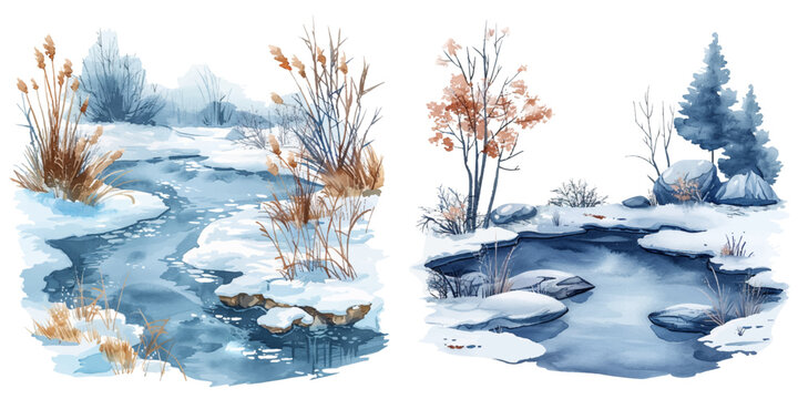 frozen pond watercolor vector illustration