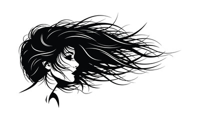 Fototapeta premium Woman's face with long flowing hair, black and white vector silhouette.