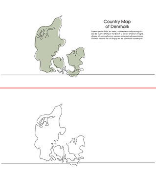 Continuous single line drawing of denmark map in White background. Map concept for Education, Travel between cities in denmark, infographics, Science, Web Presentations in simple single line art style