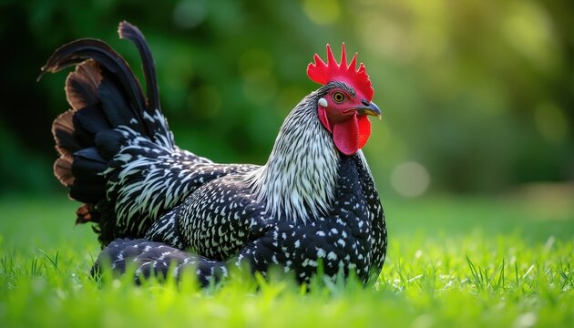 Black and white rooster with red comb sits on green grass. Detailed feathers pattern. Bird looks alert with sharp eyes, natural outdoor setting with blurred background.