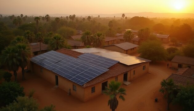 African village aerial view at sunset with solar panels on roofs. Sustainable living, renewable energy future, eco-friendly homes, palm trees, arid landscape.