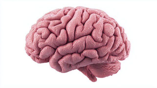 人間の脳の立体モデルが側面から写っている。医学や科学の教材や資料で使える解剖学イメージ