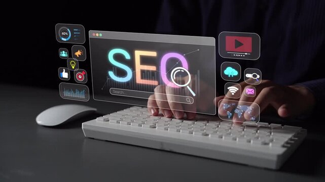 SEO concept for improving SEO visibility, with SEO related digital tools and SEO performance icons shown in an focused layout for strategic marketing. Muxer