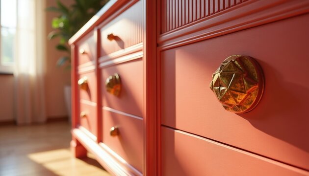 Close up of coral dresser with geometric gold knobs. Sunlight streams across wood surface, detailed hardware, clean lines. Interior decor piece with ornate drawer pulls, modern design elements.