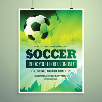 Soccer match flyer poster design with a ball and green abstract background for sports ticket promotion