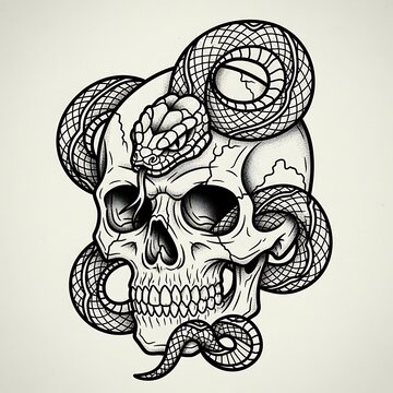 A detailed black and white tattoo illustration of a human skull wrapped with a coiled venomous snake for dark art