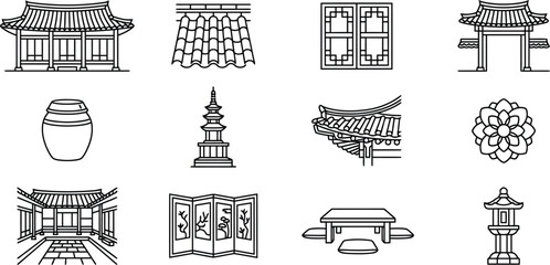 Traditional Korean architecture elements and symbols collection icon set. © jim's Cafe