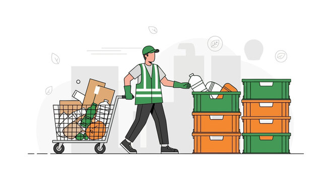 Recycling worker pushing cart with boxes and sorting waste into bins