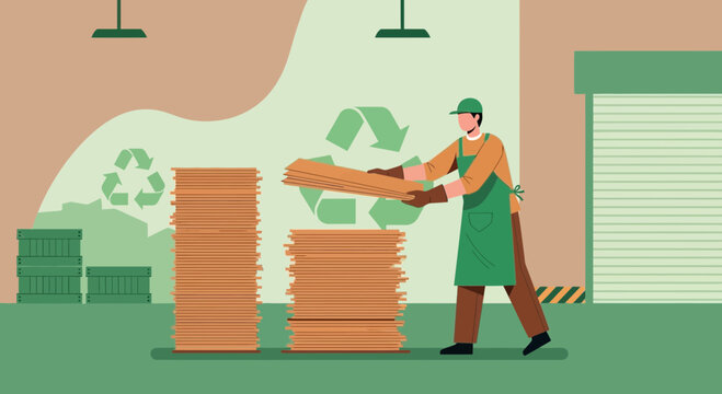 Recycling worker stacks paper materials in a warehouse with recycling symbols
