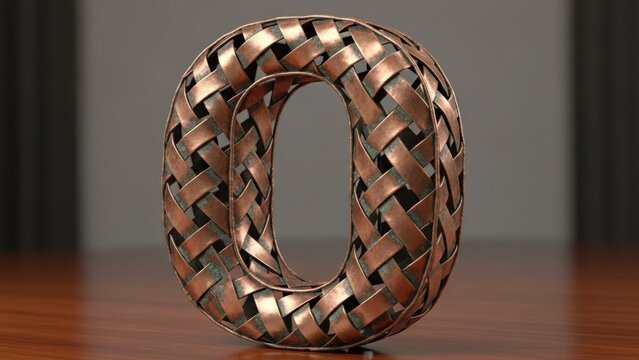 A shiny, metallic, woven ring sits on a wooden surface against a blurred background