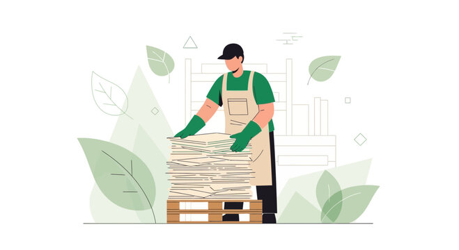 Worker handling recycled paper stack on pallet, eco-friendly production, sustainability concept