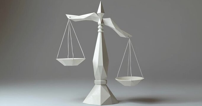 Elegant white geometric balance scale sculpture neutral background conveying justice fairness equilibrium and balance with minimalist polygonal paper pedestal design and soft lighting for legal law