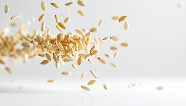 Sesame seeds scattering and falling in a bright white studio environment