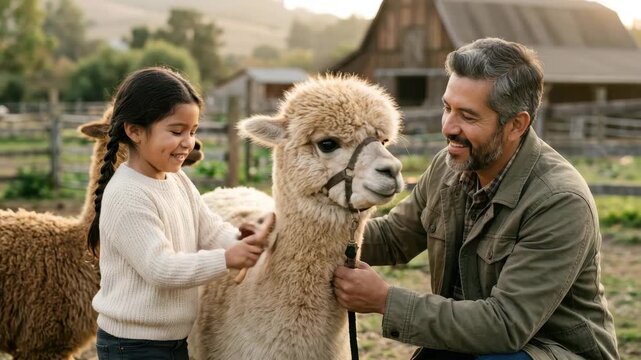 Man and young girl smilingly groom a soft alpaca with a brush, creating happy family farm memories