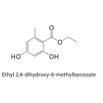 Ethyl 2,4-dihydroxy-6-methylbenzoate skeletal structure. ester compound schematic illustration. Simple diagram, chemical formula.